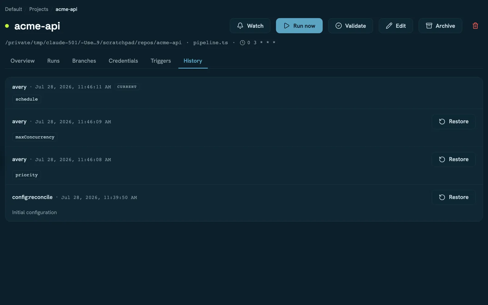 A project's History tab listing four configuration revisions, newest first, each showing which fields changed.