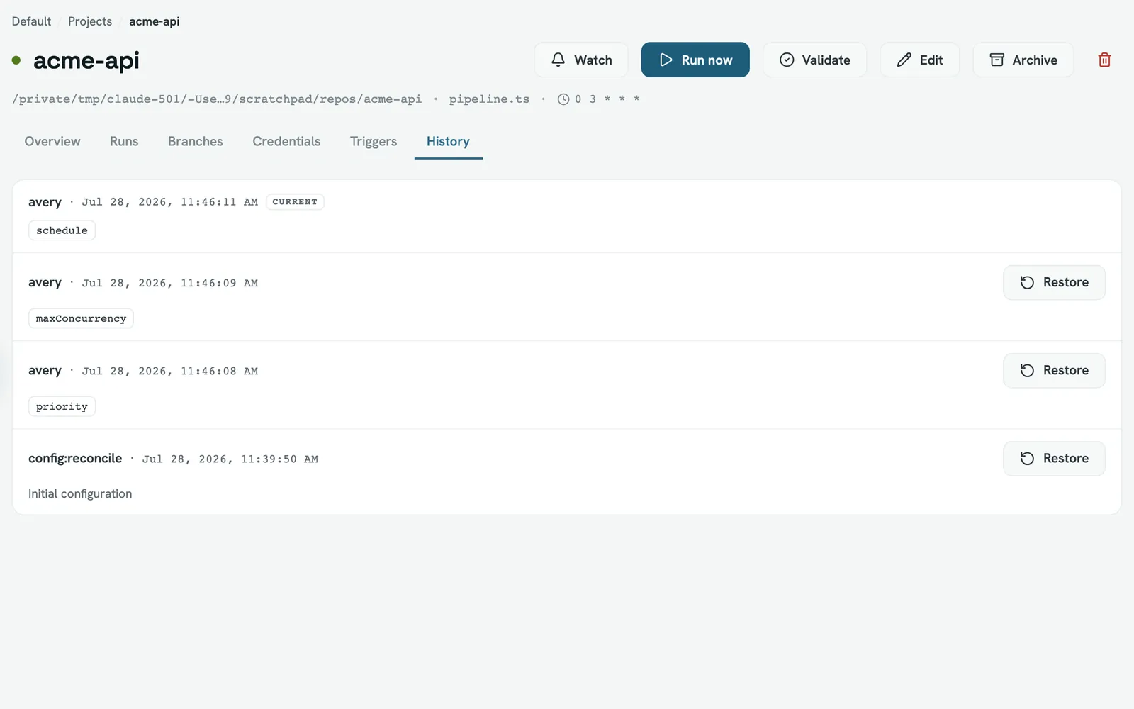 A project's History tab listing four configuration revisions, newest first, each showing which fields changed.