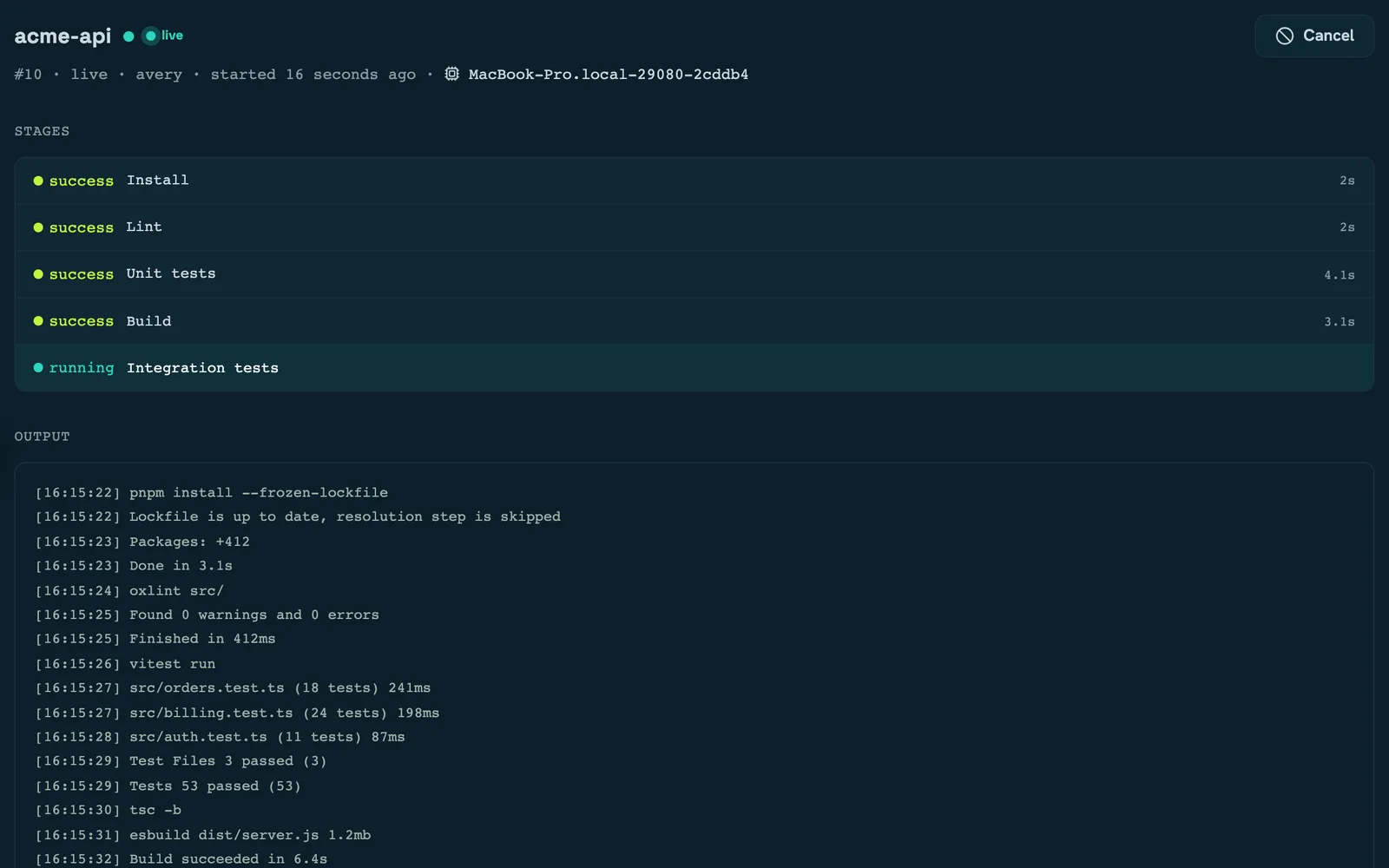 A FlowWright run detail page: five stages, four succeeded and the fifth still running, with the run's log output streaming below.