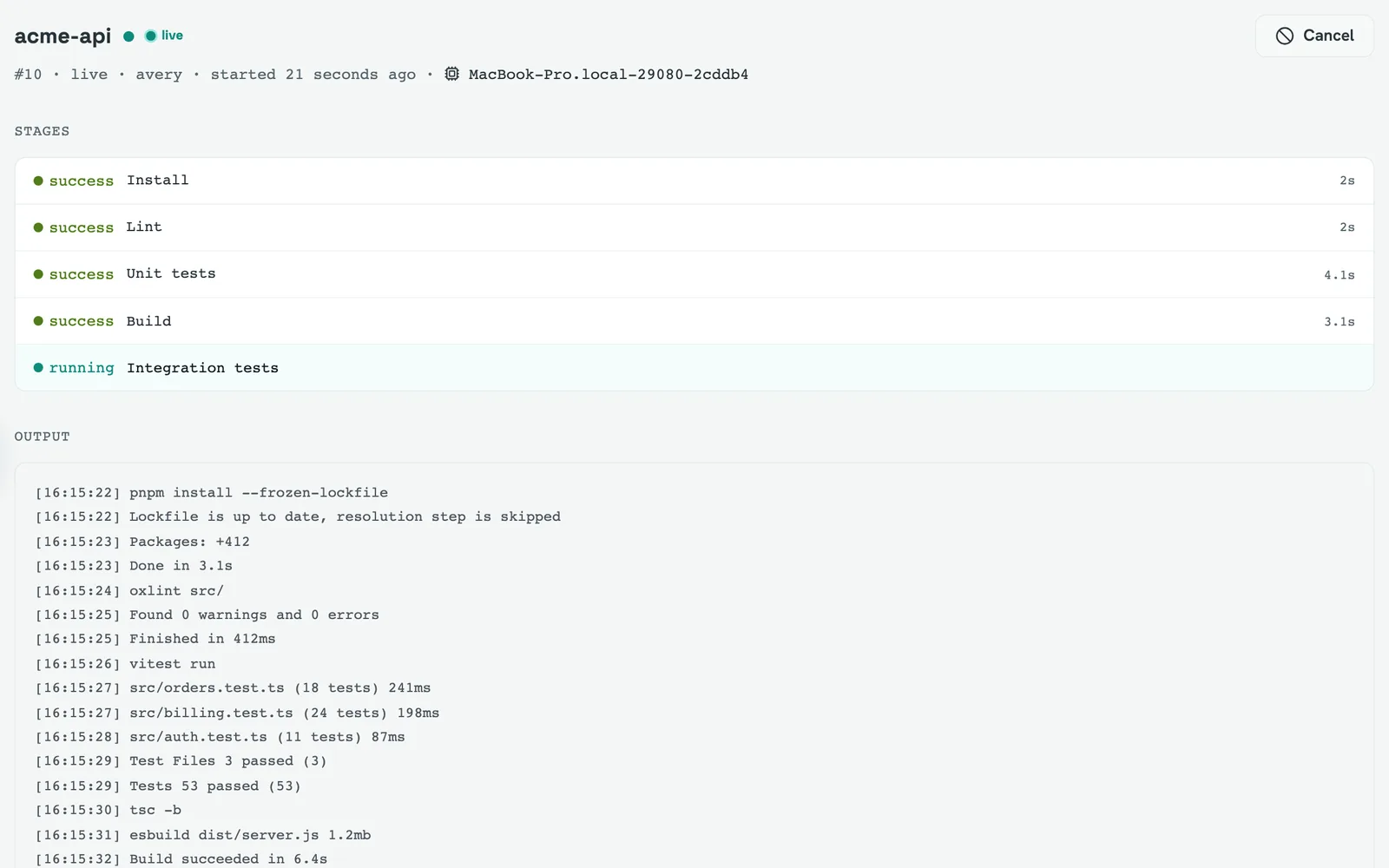 A FlowWright run detail page: five stages, four succeeded and the fifth still running, with the run's log output streaming below.