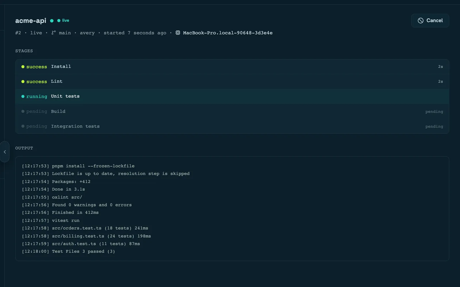 A run in flight: a LIVE pill, a Cancel button, a flat stage list with one stage running and two pending, and timestamped output streaming below.