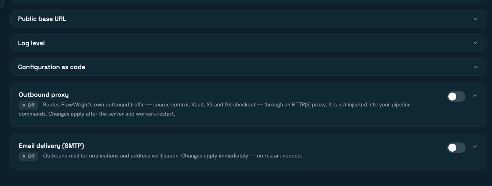 The lower half of the Server settings tab: collapsed sections for public base URL, log level and configuration as code, then Outbound proxy and Email delivery, each with an on/off toggle.