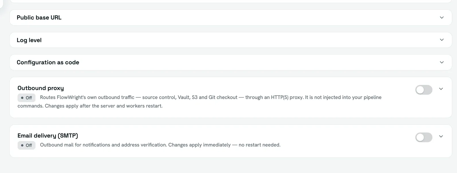 The lower half of the Server settings tab: collapsed sections for public base URL, log level and configuration as code, then Outbound proxy and Email delivery, each with an on/off toggle.