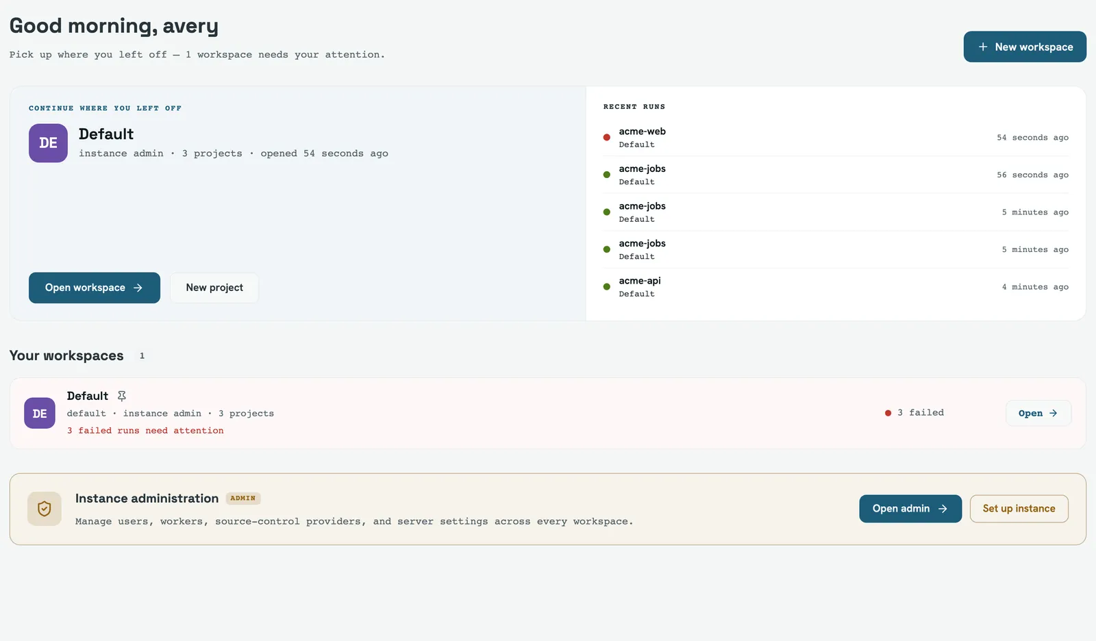 The FlowWright hub: a greeting, a continue-where-you-left-off card, recent runs, and the list of your workspaces.